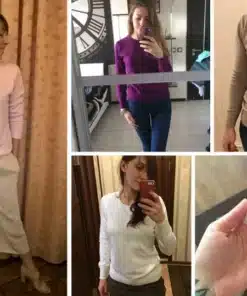 erinevates värvides ümara kaelusega pulloverid naistele, kantud mitmes olukorras