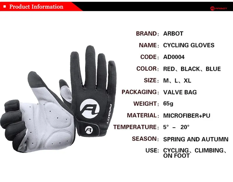 Arbot Bicycle Bike Gloves Men Women Cycling Glove mtb Bicycle 3D GEL Sports Full Finger Glove Bisiklet Black Luvas ciclismo 22