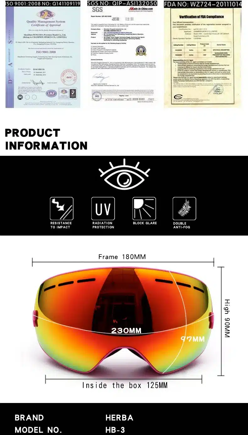New HERBA brand ski goggles Ski Goggles Double Lens UV400 Anti-fog Adult Snowboard Skiing Glasses Women Men Snow Eyewear 24