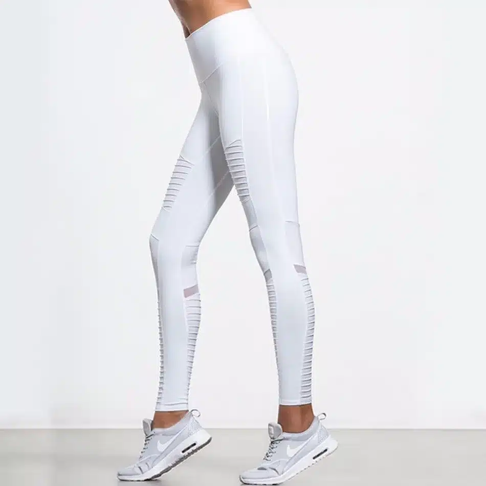 Flora M Women Elastic waistband Yoga pants with Mesh Panels High Waisted Moto Leggings in White Sport Yoga Leggings S/M/L FT025 9