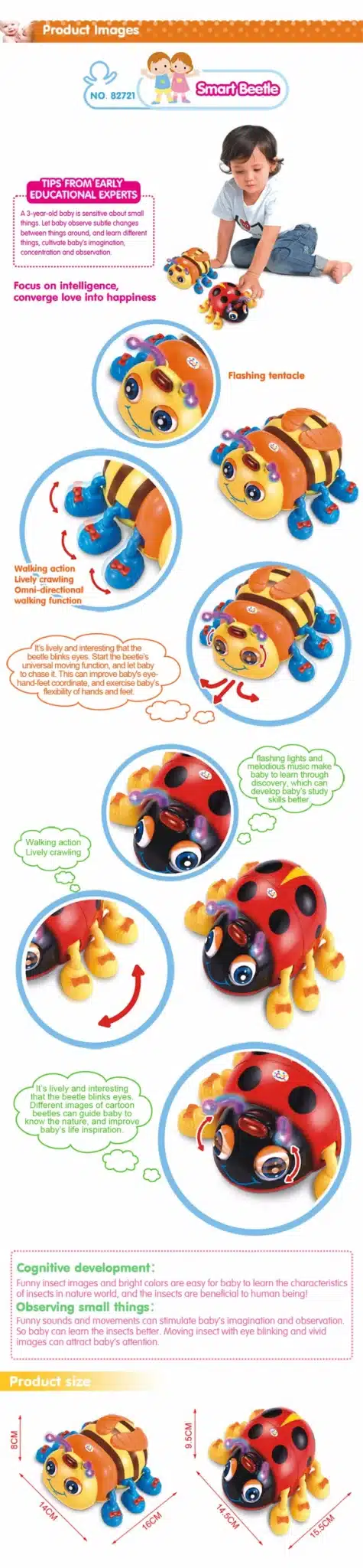 HUILE TOYS 82721 Baby Toys Infant Crawl Beetle Electric Toy Bee Ladybug with Music & Light Learning Toys for Children Xmas Gifts 1