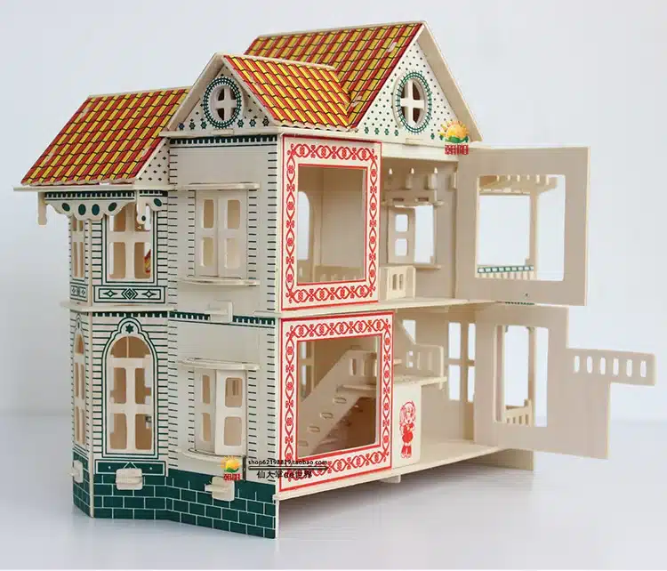 DIY kids wooden puzzle miniature baby doll house Wood House Villa kit play house toy gift puzzles 15