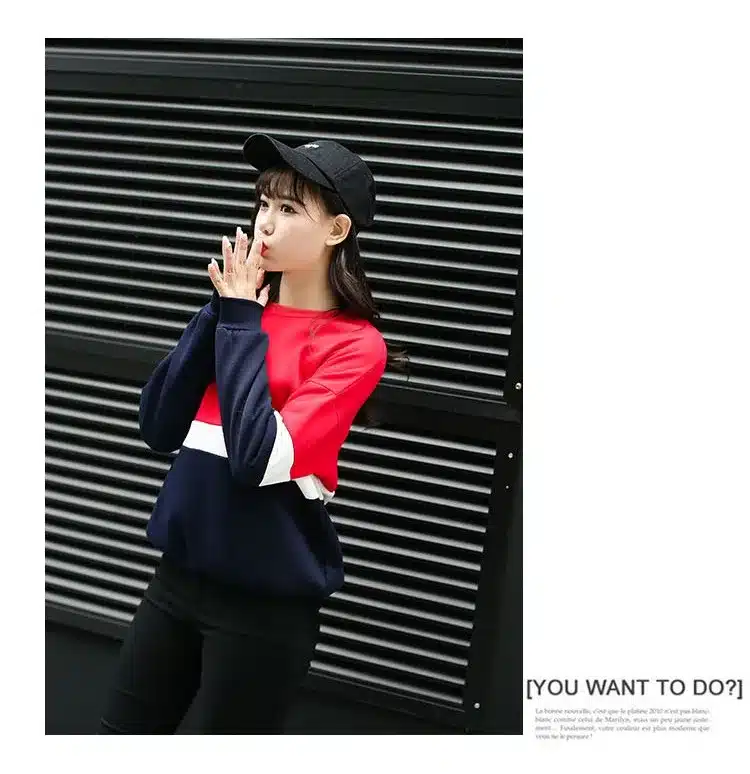 Autumn New Spell Color Stitching Harajuku Women Hoodies Pullover Fleece Loose Female Tracksuits Casual Round Neck Sweatshirt 2XL 15