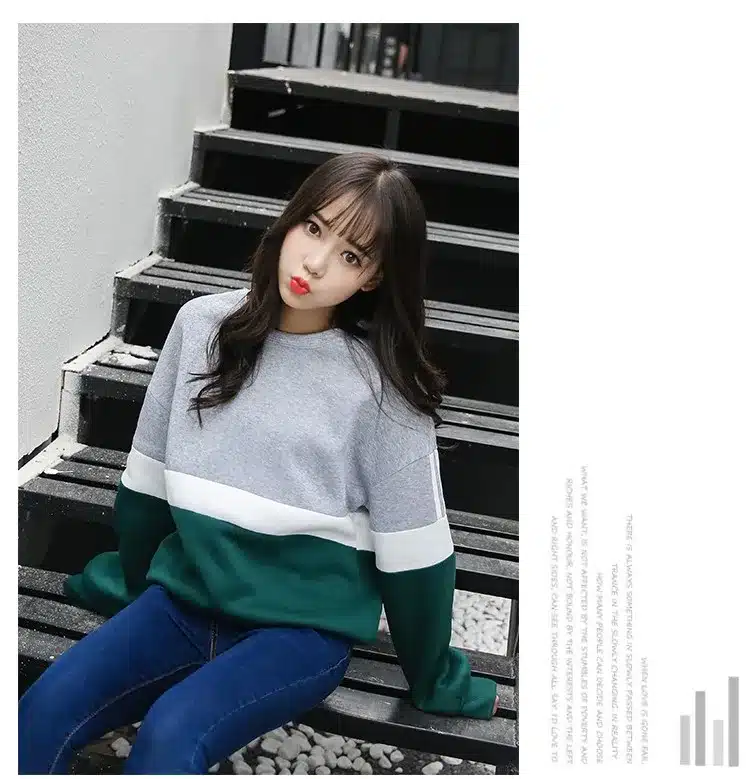 Autumn New Spell Color Stitching Harajuku Women Hoodies Pullover Fleece Loose Female Tracksuits Casual Round Neck Sweatshirt 2XL 21