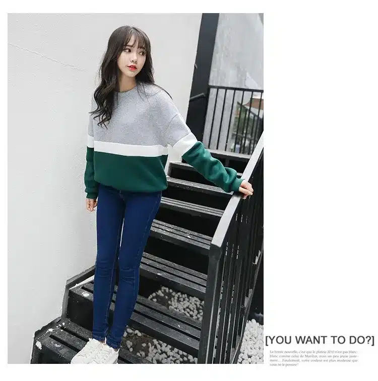 Autumn New Spell Color Stitching Harajuku Women Hoodies Pullover Fleece Loose Female Tracksuits Casual Round Neck Sweatshirt 2XL 23
