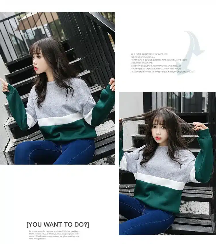 Autumn New Spell Color Stitching Harajuku Women Hoodies Pullover Fleece Loose Female Tracksuits Casual Round Neck Sweatshirt 2XL 25