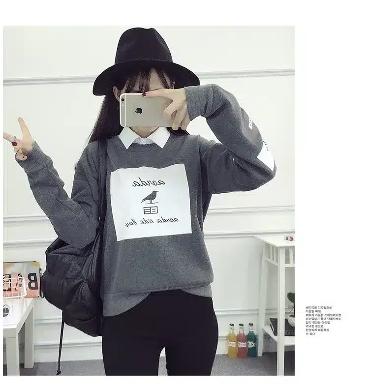 Korean Pop Autumn Harajuku Bird Letter Printed Hoodies Women Loose Round Neck Fleece Tracksuits Pullover Cool Sweatshirt Female 10