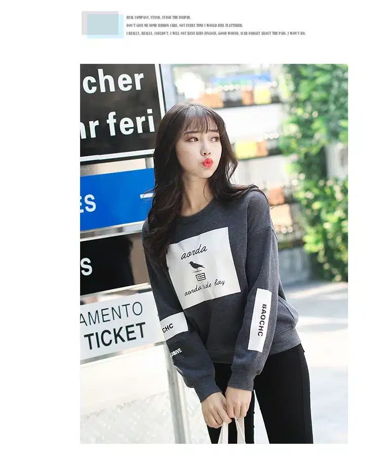 Korean Pop Autumn Harajuku Bird Letter Printed Hoodies Women Loose Round Neck Fleece Tracksuits Pullover Cool Sweatshirt Female 15