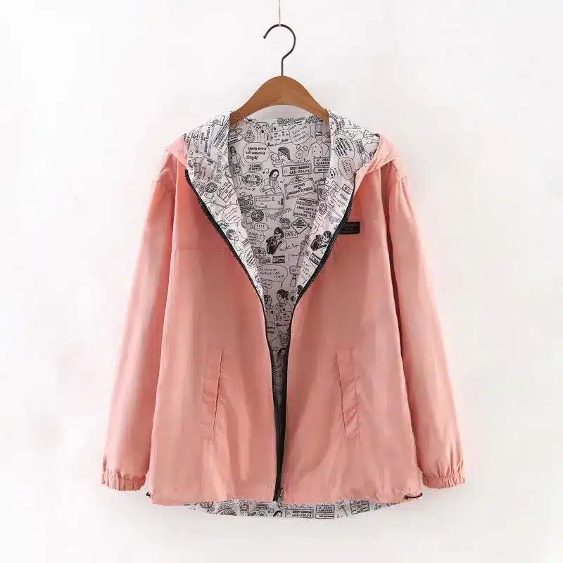 2017 Autumn Women Bomber Basic Jacket Pocket Zipper Hoodies Women Two Side Wear Cartoon Print Outwear Loose Coat 22