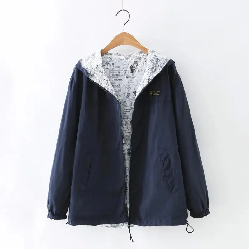 2017 Autumn Women Bomber Basic Jacket Pocket Zipper Hoodies Women Two Side Wear Cartoon Print Outwear Loose Coat 23