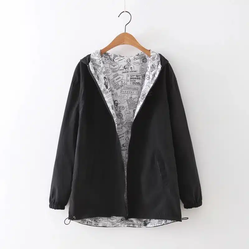 2017 Autumn Women Bomber Basic Jacket Pocket Zipper Hoodies Women Two Side Wear Cartoon Print Outwear Loose Coat 24