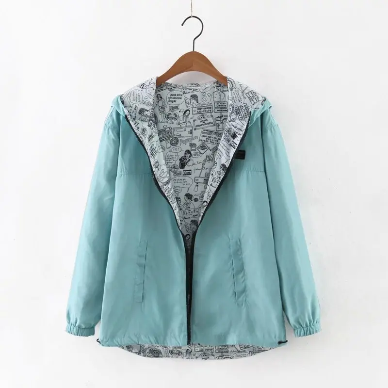 2017 Autumn Women Bomber Basic Jacket Pocket Zipper Hoodies Women Two Side Wear Cartoon Print Outwear Loose Coat 25