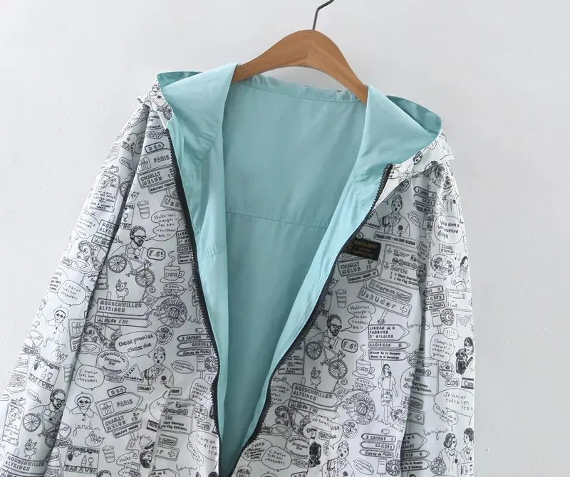 2017 Autumn Women Bomber Basic Jacket Pocket Zipper Hoodies Women Two Side Wear Cartoon Print Outwear Loose Coat 30