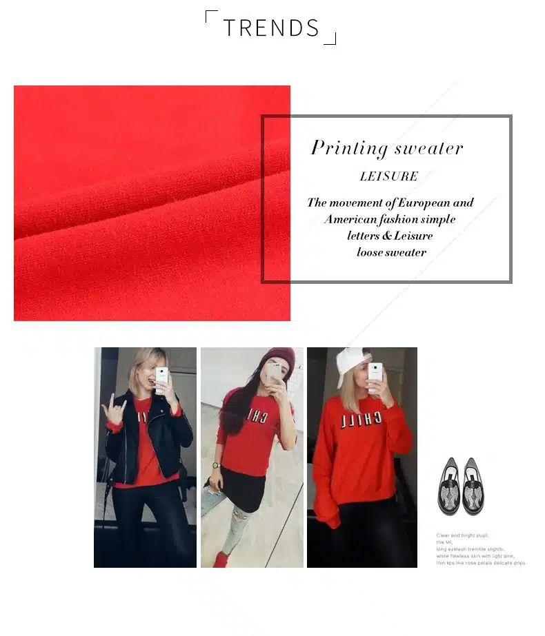 HDY Haoduoyi 2017 Autumn Women Fashion Solid Red Brief Letters Print Loose Sweatshirt Long Sleeve Crew Neck Pullover Sweatshirt 6
