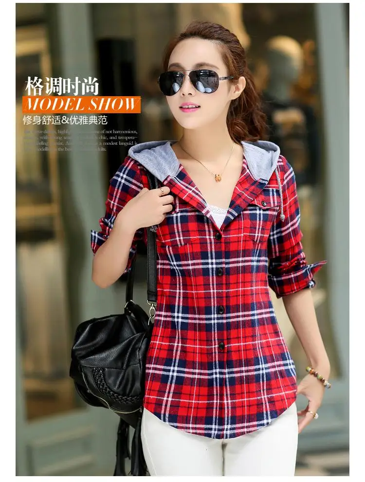 New Arrival 2017 Autumn Cotton Long Sleeve Red Checked Plaid Shirt Women Hoodie Casual Fit Blouse Plus Size Sweatshirt 3