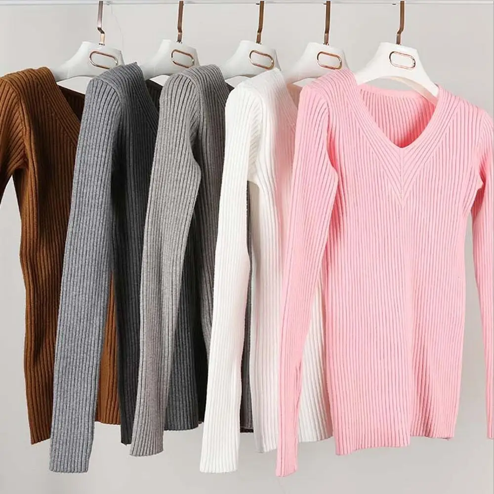 2016 New Fashion Style Slim Sweater Thin V-neck Long-sleeved Solid Color Knit Sweater Shirt Sexy Women Long Sleeve Knit Pullover 5