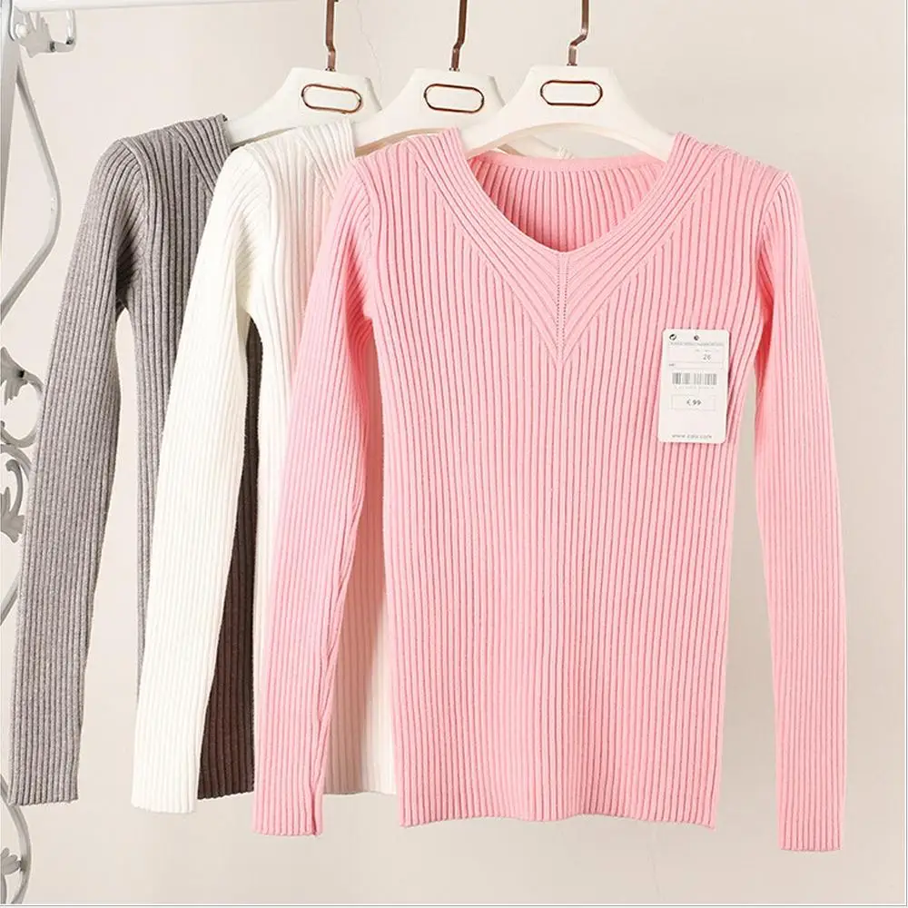 2016 New Fashion Style Slim Sweater Thin V-neck Long-sleeved Solid Color Knit Sweater Shirt Sexy Women Long Sleeve Knit Pullover 7