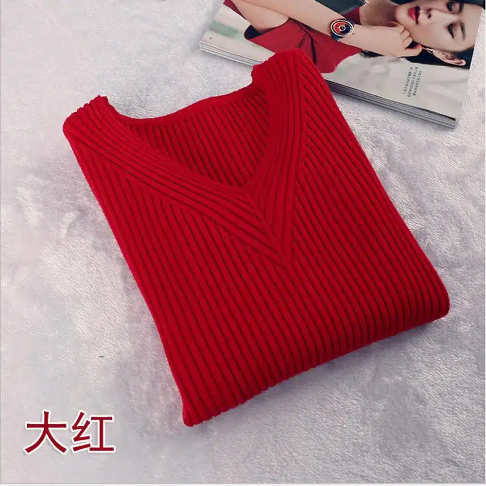 2016 New Fashion Style Slim Sweater Thin V-neck Long-sleeved Solid Color Knit Sweater Shirt Sexy Women Long Sleeve Knit Pullover 11