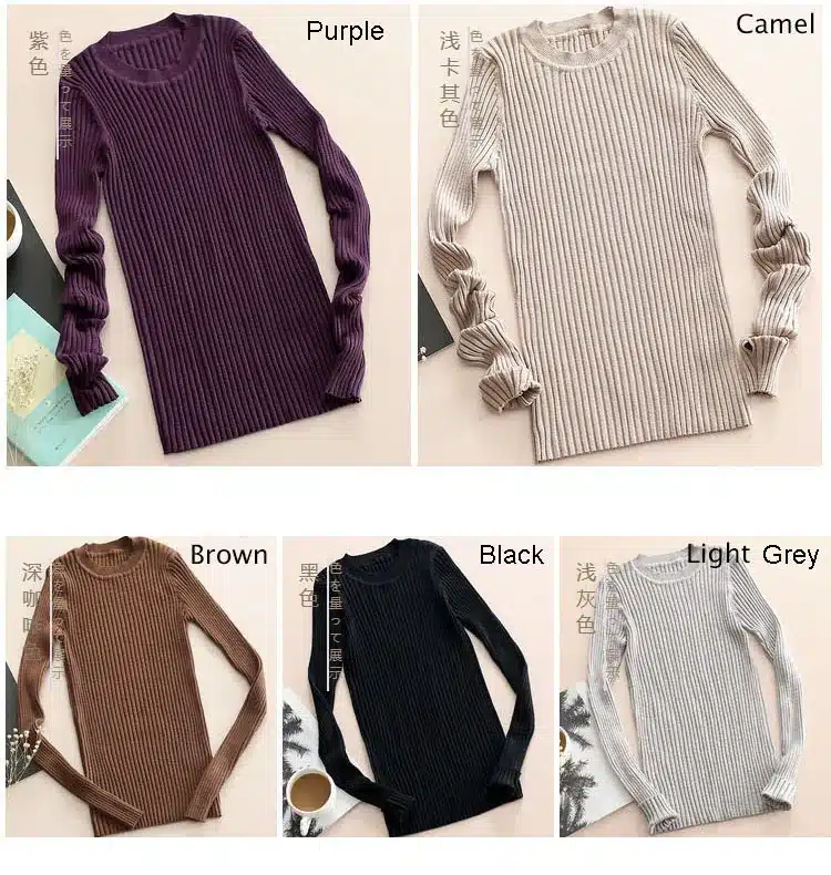 Women Sweater Pullover Basic Knitted Tops Solid Crew Neck Essential Jumper Long Sleeve Ribbed Sweaters Autumn Winter 2017 18