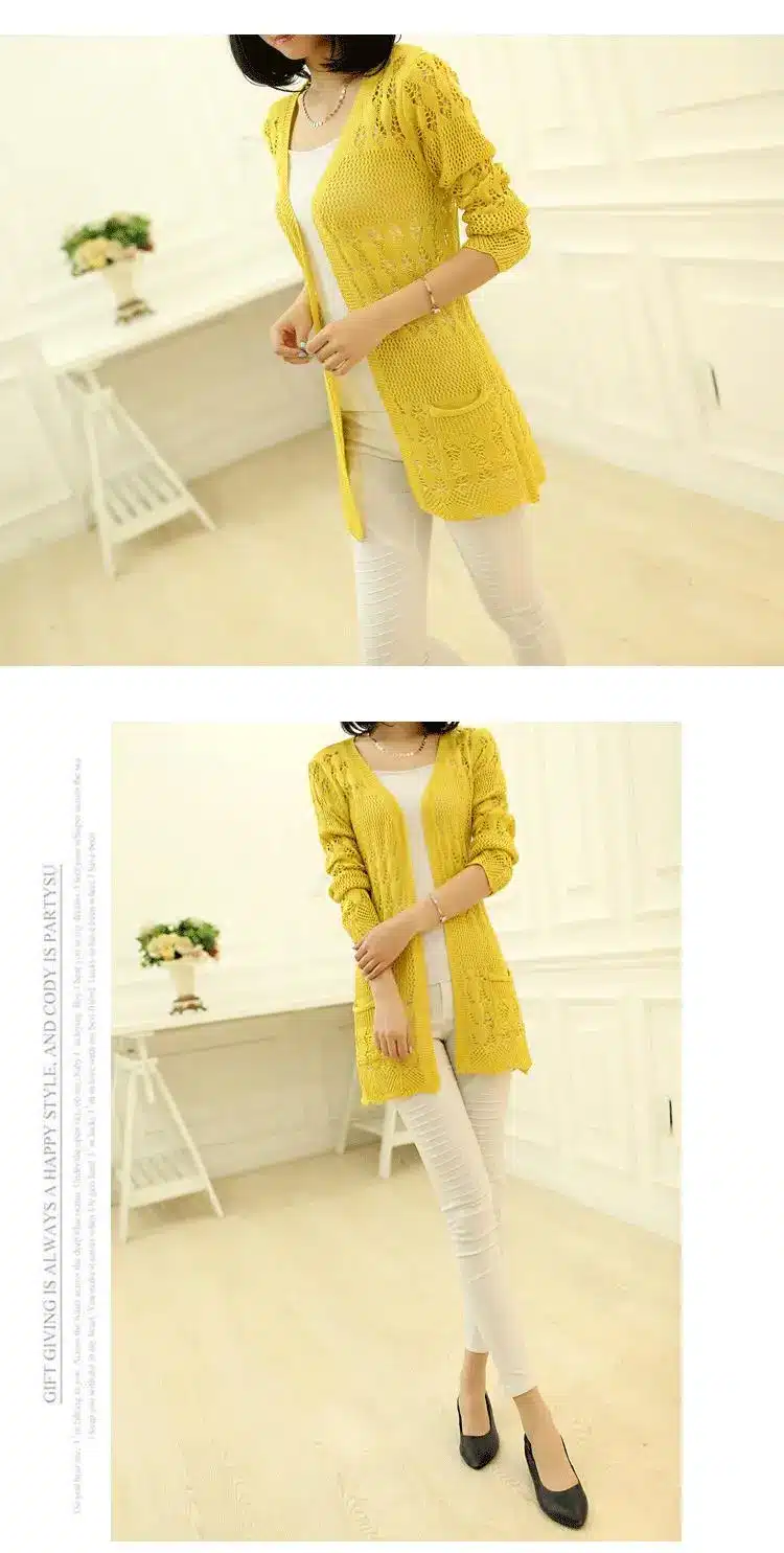 2017 Fashion Knitted Cardigan Loose Pocket Hollow Long Sleeve Women Sweater Female Cardigans Women's Coats Sweaters Outerwear 11