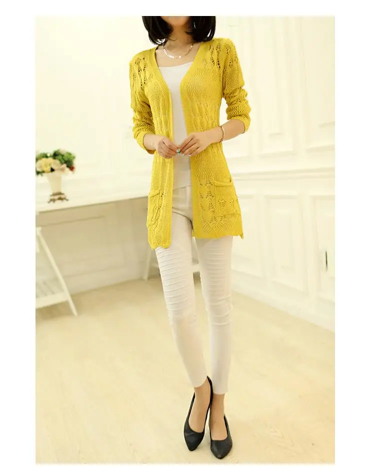 2017 Fashion Knitted Cardigan Loose Pocket Hollow Long Sleeve Women Sweater Female Cardigans Women's Coats Sweaters Outerwear 12