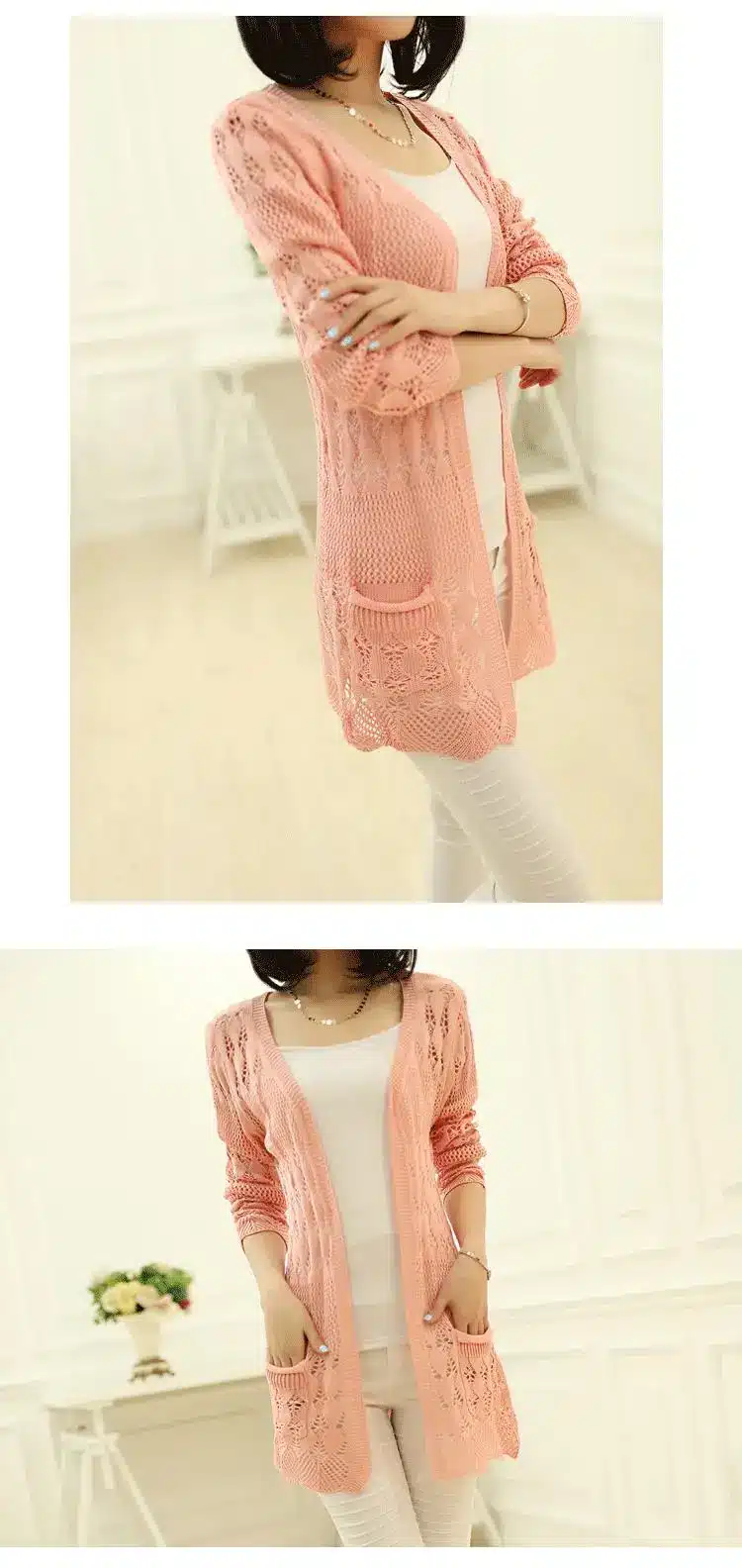 2017 Fashion Knitted Cardigan Loose Pocket Hollow Long Sleeve Women Sweater Female Cardigans Women's Coats Sweaters Outerwear 14