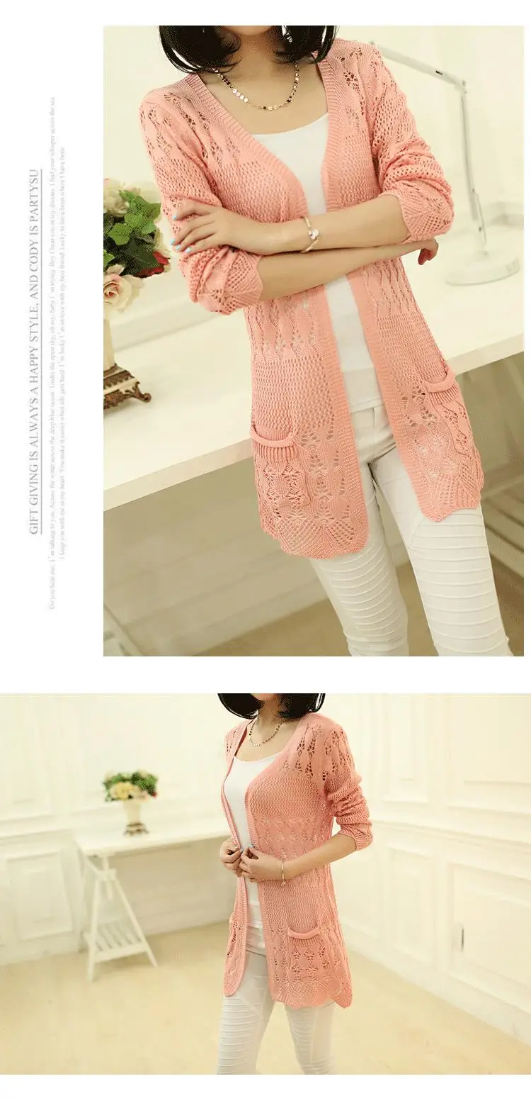2017 Fashion Knitted Cardigan Loose Pocket Hollow Long Sleeve Women Sweater Female Cardigans Women's Coats Sweaters Outerwear 15