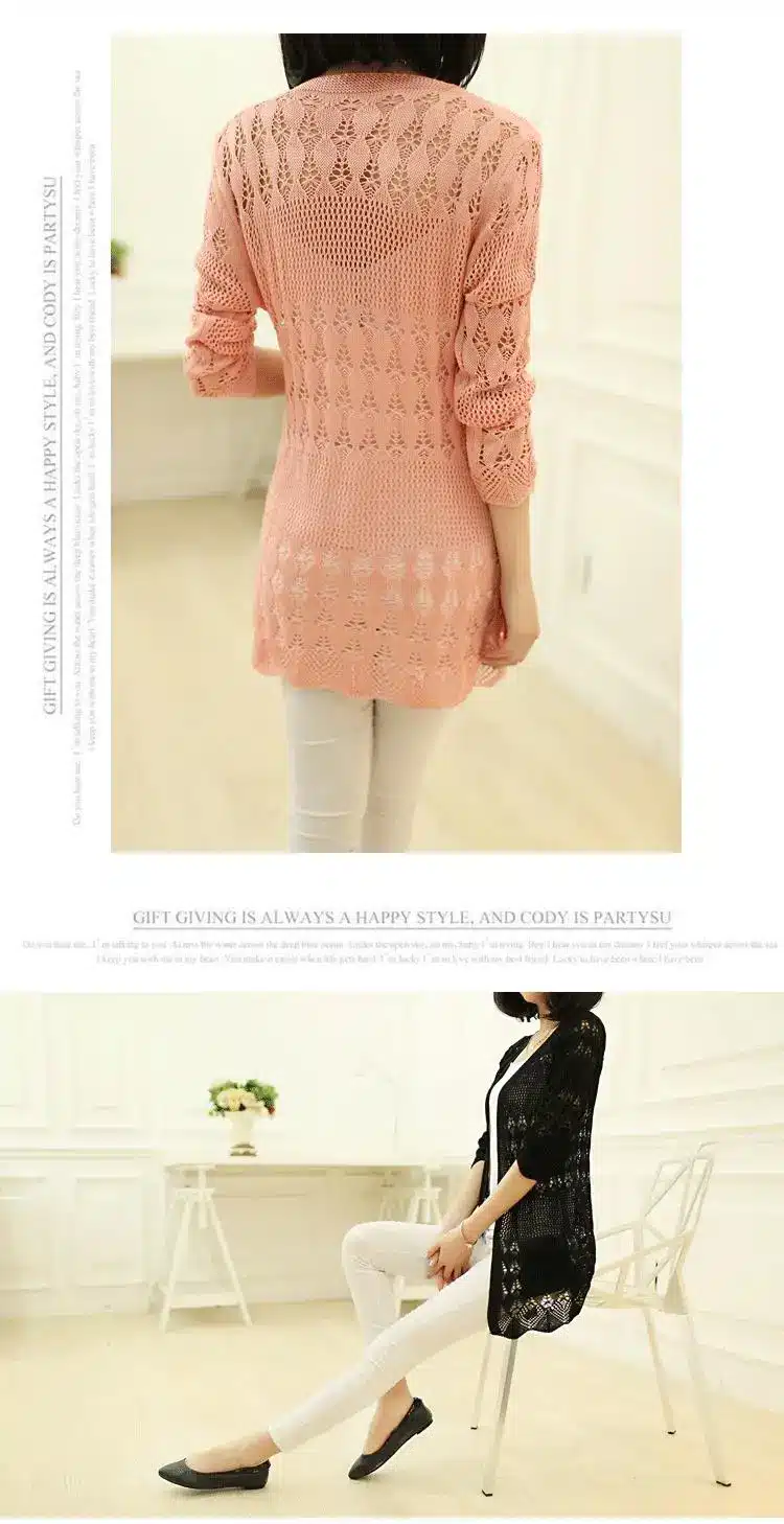 2017 Fashion Knitted Cardigan Loose Pocket Hollow Long Sleeve Women Sweater Female Cardigans Women's Coats Sweaters Outerwear 16