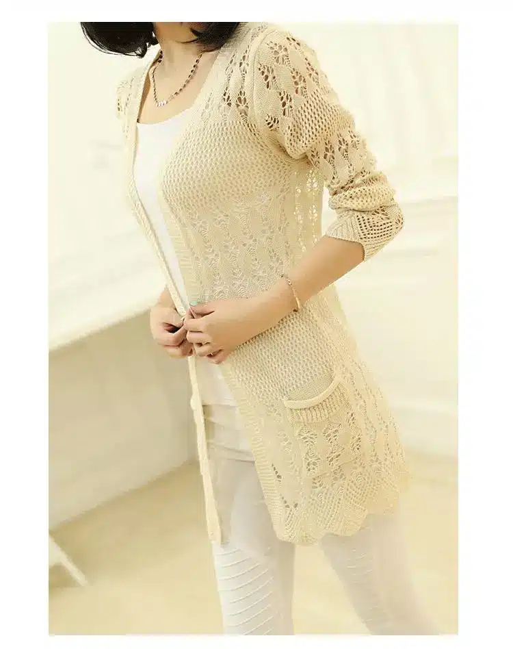 2017 Fashion Knitted Cardigan Loose Pocket Hollow Long Sleeve Women Sweater Female Cardigans Women's Coats Sweaters Outerwear 19