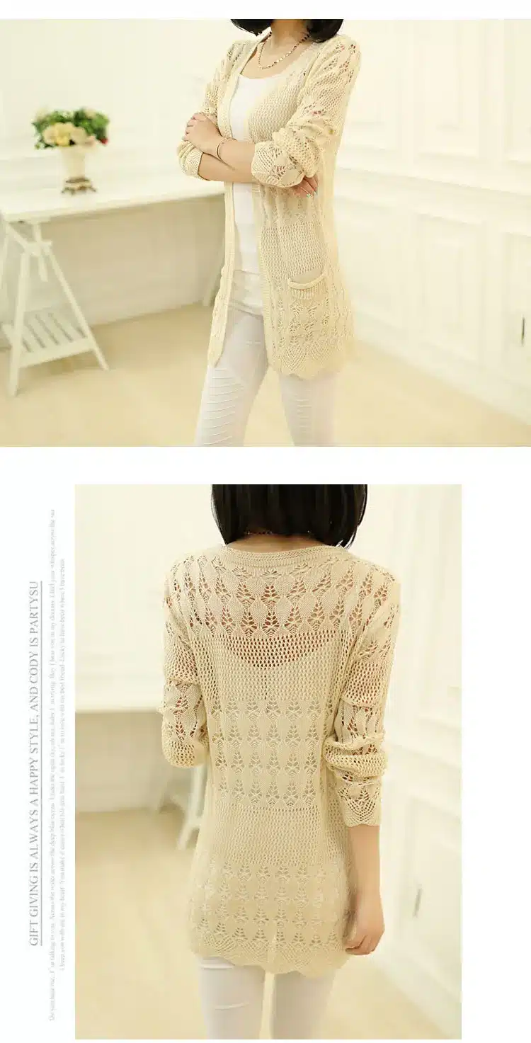 2017 Fashion Knitted Cardigan Loose Pocket Hollow Long Sleeve Women Sweater Female Cardigans Women's Coats Sweaters Outerwear 20