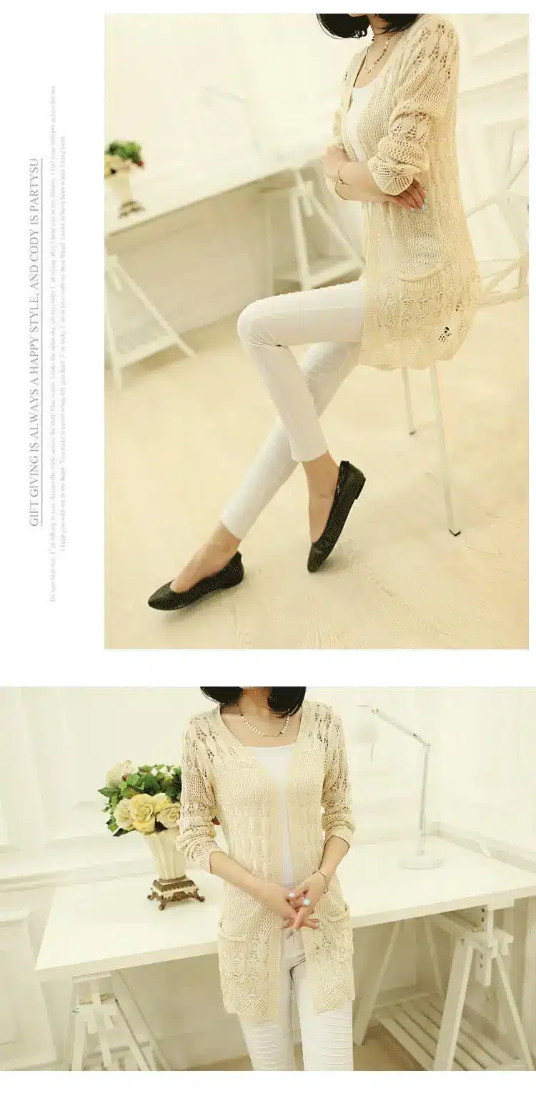 2017 Fashion Knitted Cardigan Loose Pocket Hollow Long Sleeve Women Sweater Female Cardigans Women's Coats Sweaters Outerwear 21