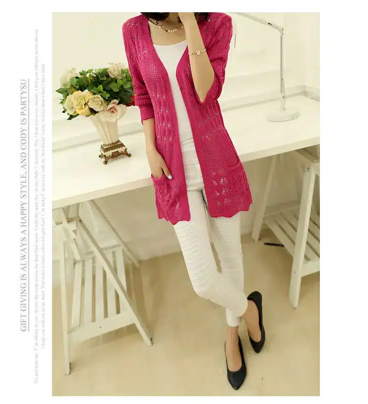 2017 Fashion Knitted Cardigan Loose Pocket Hollow Long Sleeve Women Sweater Female Cardigans Women's Coats Sweaters Outerwear 26