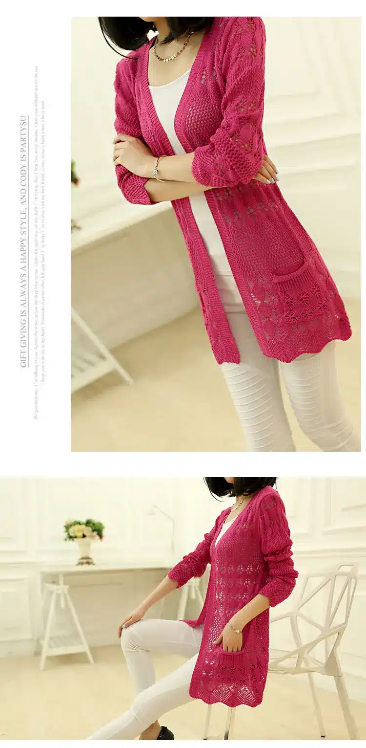 2017 Fashion Knitted Cardigan Loose Pocket Hollow Long Sleeve Women Sweater Female Cardigans Women's Coats Sweaters Outerwear 27