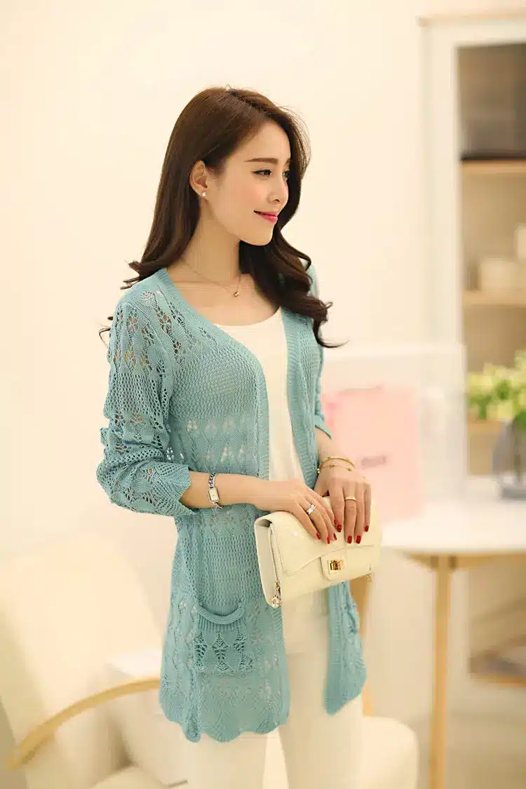 2017 Fashion Knitted Cardigan Loose Pocket Hollow Long Sleeve Women Sweater Female Cardigans Women's Coats Sweaters Outerwear 29