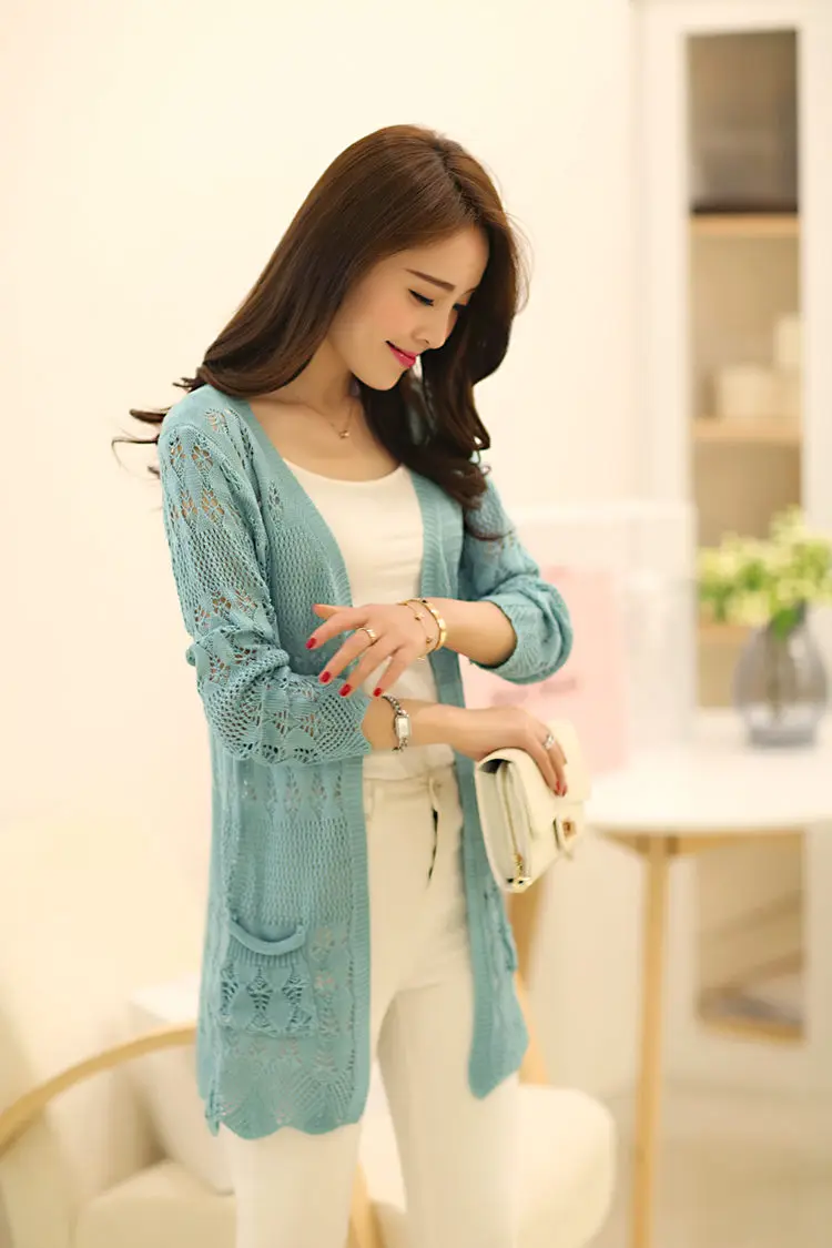 2017 Fashion Knitted Cardigan Loose Pocket Hollow Long Sleeve Women Sweater Female Cardigans Women's Coats Sweaters Outerwear 30