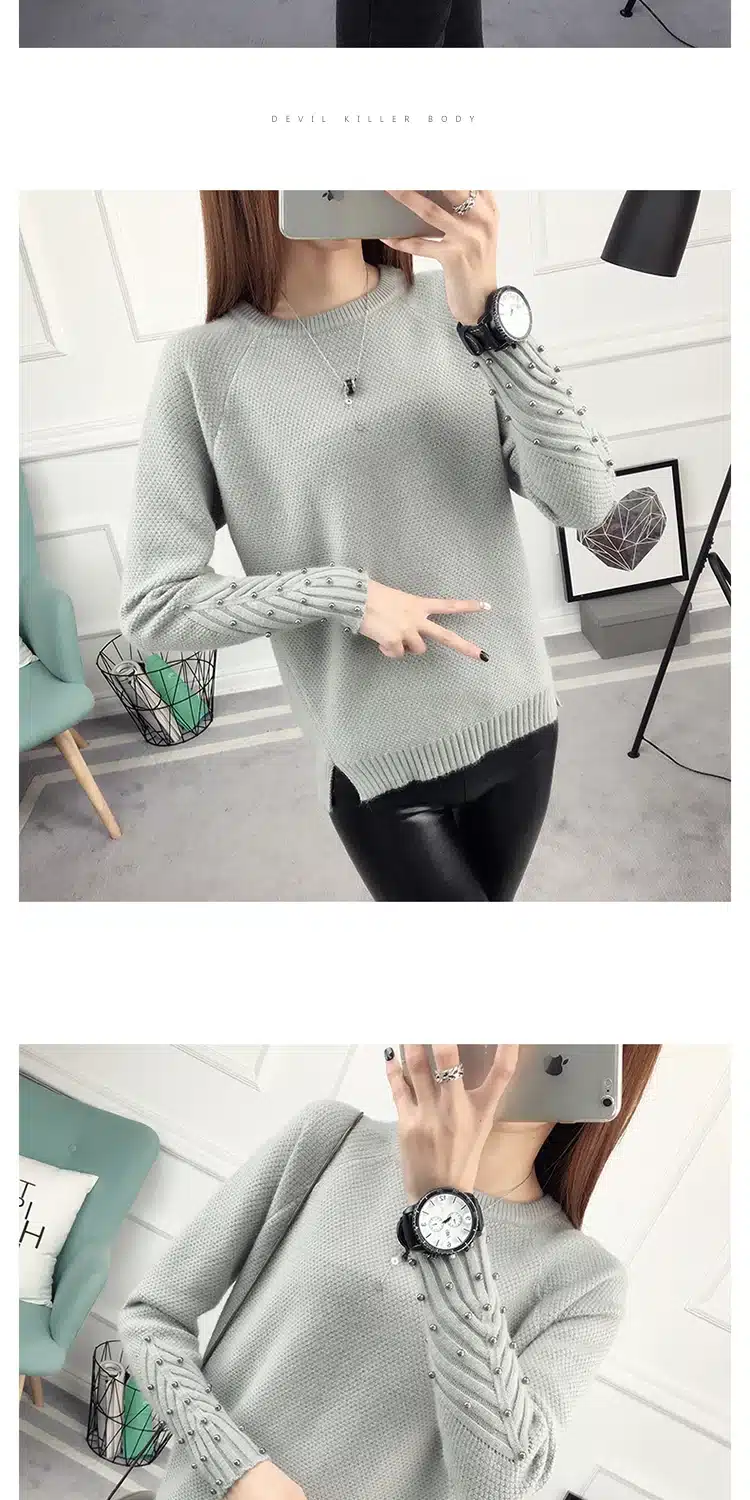 2017 new fashion autumn winter sweater women knitted Beading twisted thickening O-neck long sleeves loose women sweater pullover 14