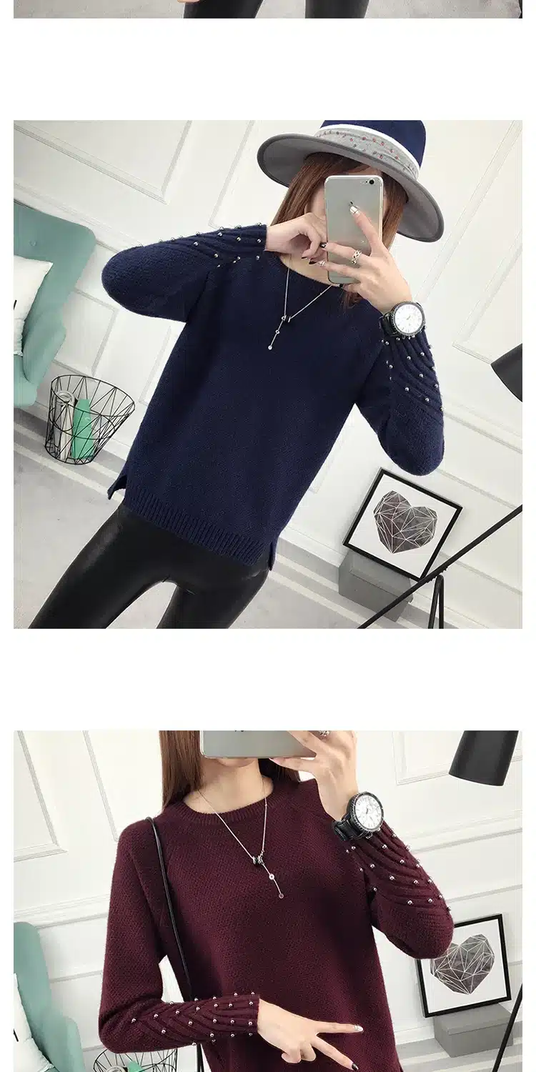 2017 new fashion autumn winter sweater women knitted Beading twisted thickening O-neck long sleeves loose women sweater pullover 18
