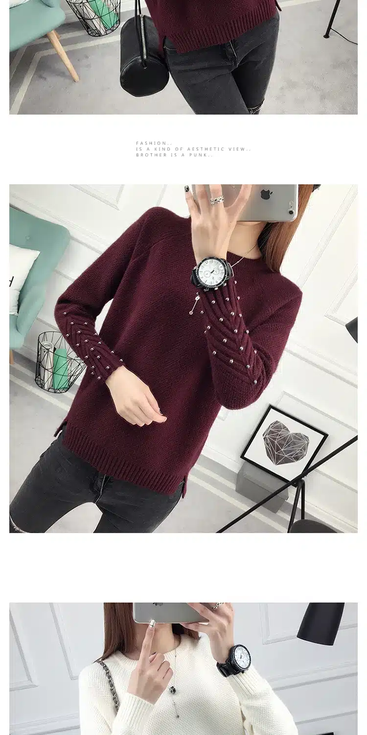 2017 new fashion autumn winter sweater women knitted Beading twisted thickening O-neck long sleeves loose women sweater pullover 19