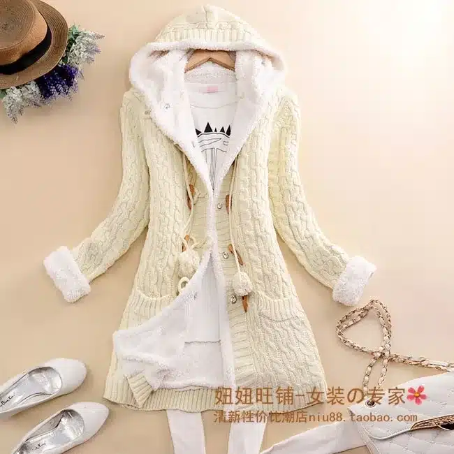 New arrival Girl Sweater Coat Winter 2017 Autumn Casual Solid Hooded Long Thicker Cashmere Knit cardigan sweater Jacket Students 10