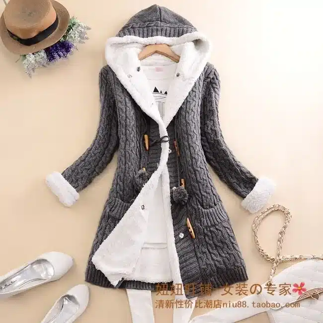 New arrival Girl Sweater Coat Winter 2017 Autumn Casual Solid Hooded Long Thicker Cashmere Knit cardigan sweater Jacket Students 14