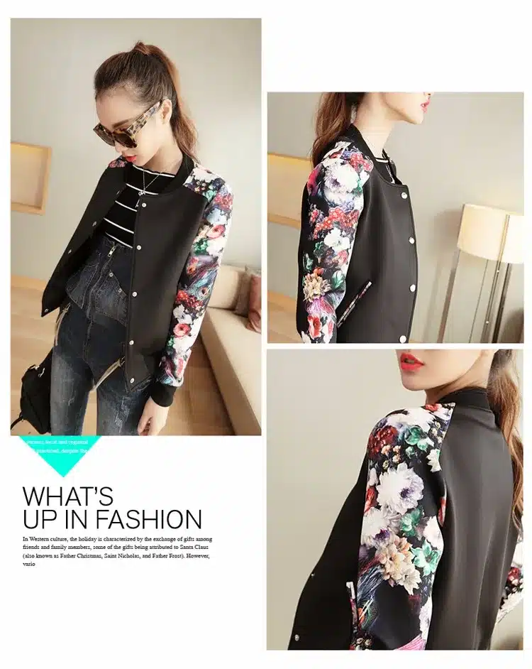 2017 Flower Print Plus big Size Baseball short Jacket Women Round Collar Button Thin Bomber Jackets Long Sleeves girl Coat 19
