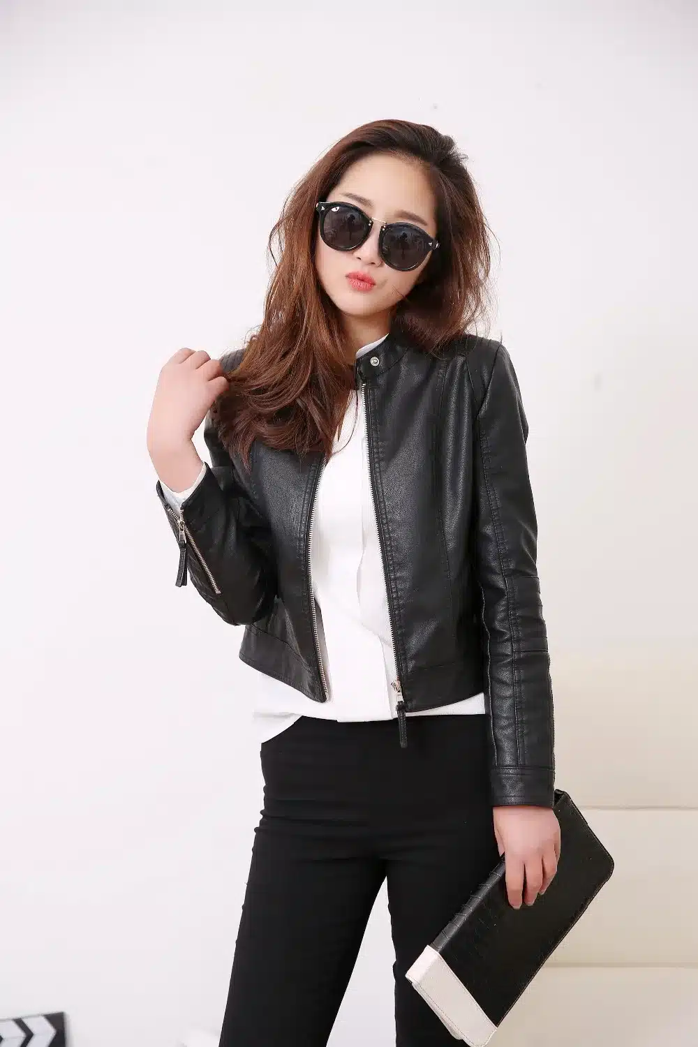 European Style O Neck Collar Pu Leather Jacket New Fashion Motorcycle Leather Clothing Women Slim PU Locomotive Jackets 2