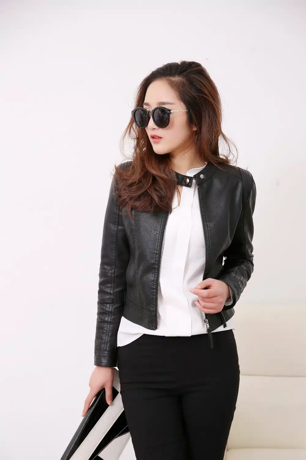European Style O Neck Collar Pu Leather Jacket New Fashion Motorcycle Leather Clothing Women Slim PU Locomotive Jackets 3