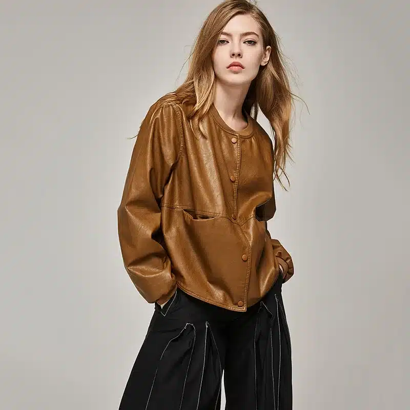 2017 Autumn Leather Jacket Women Casual Long Sleeve Button Slim Coat Fashion PU Leather Bomber Jacket Femininas 16