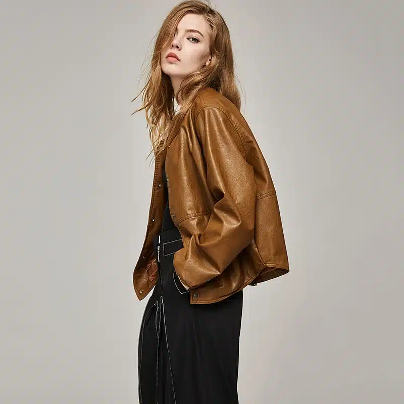 2017 Autumn Leather Jacket Women Casual Long Sleeve Button Slim Coat Fashion PU Leather Bomber Jacket Femininas 17
