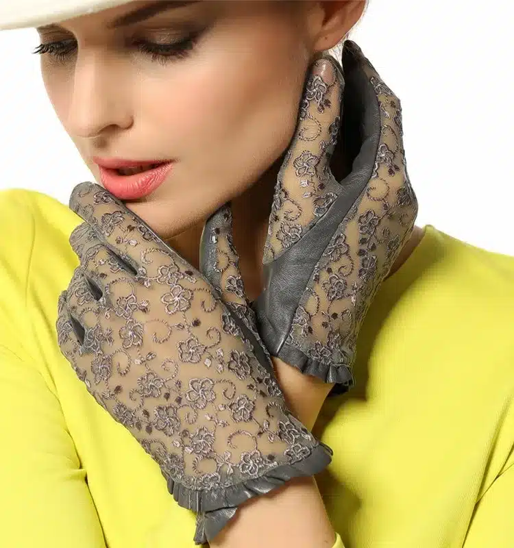 Elegant Women Gloves Genuine Leather Sheepskin Lace Gloves High Quality Fashion Colors Ladies Brand Sunscreen Mittens L095N 34