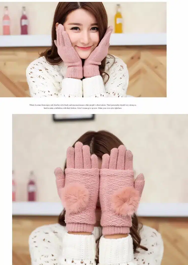 Touch Screen Gloves Women Winter Warm Double layer Separable Fingerless Gloves Female Rabbit Fur Pom Poms Mittens Gants Femme 12