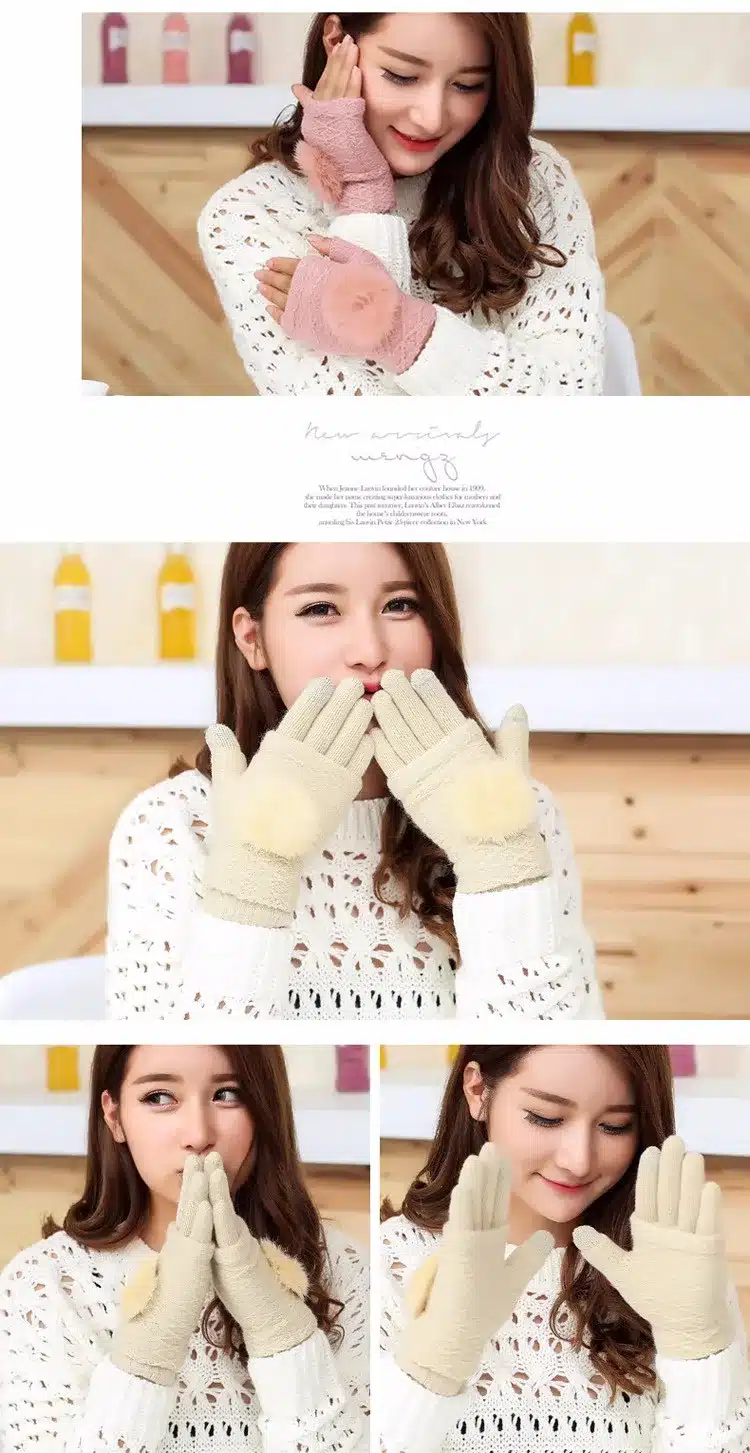 Touch Screen Gloves Women Winter Warm Double layer Separable Fingerless Gloves Female Rabbit Fur Pom Poms Mittens Gants Femme 13
