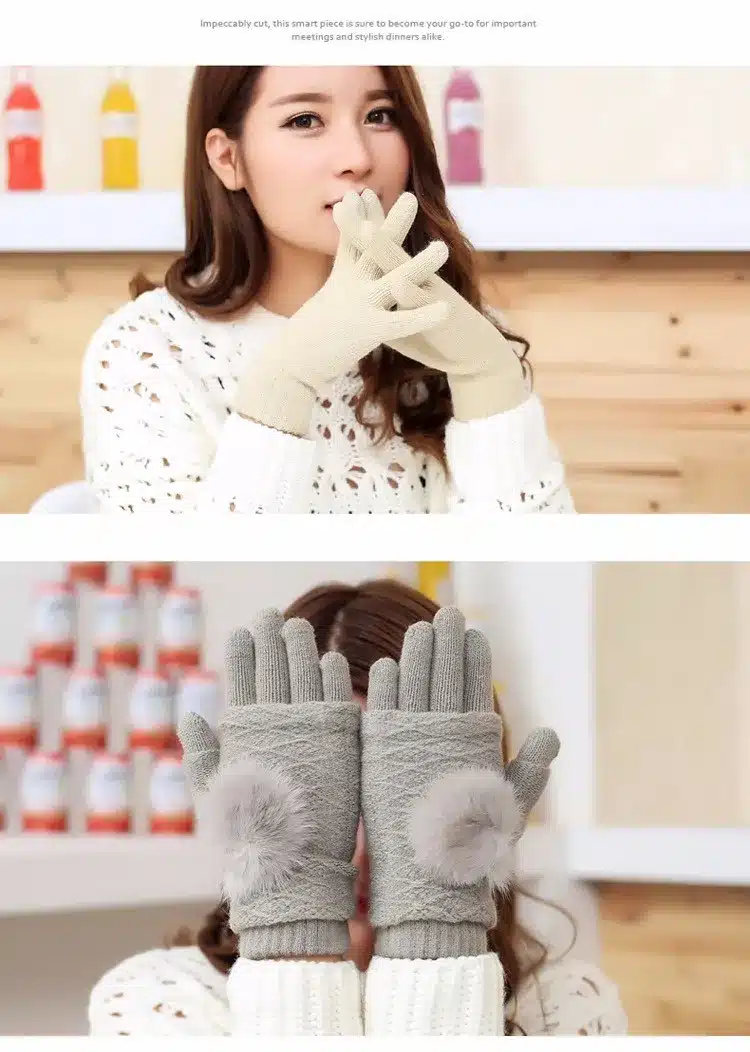 Touch Screen Gloves Women Winter Warm Double layer Separable Fingerless Gloves Female Rabbit Fur Pom Poms Mittens Gants Femme 14