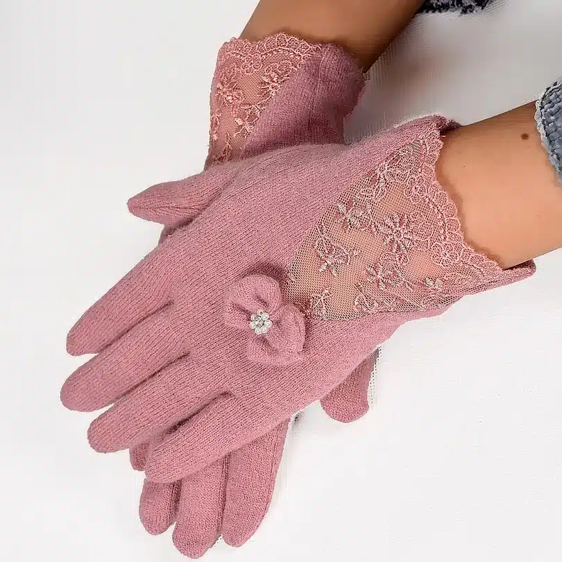 Women Lace Embroidered Wool Gloves New Winter Thick Ladies Bow-knot Ladies Gloves Grey And Pink Elegant Soft Mittens Gloves 9
